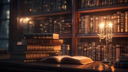 Literary Haven: A meticulously crafted scene unfolds within a classic library, its ambiance enriched by a stack of aged books and an open novel.