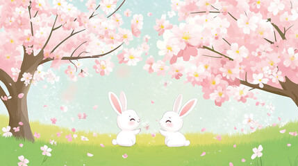 Obraz premium Two Rabbits Under Cherry Blossoms