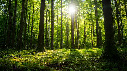 Naklejka premium forest background with tall trees and sunlight filtering through the leaves 