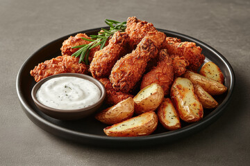 a platter piled with crispy  fried chicken pieces paired with thick-cut seasoned potato wedges