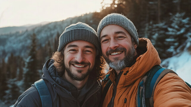 Father and son friends selfie hiking in the forest mountains nature at dusk happy smiling