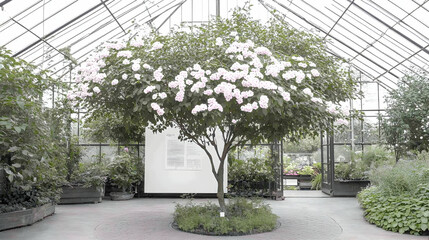 Pink flowering tree in a greenhouse