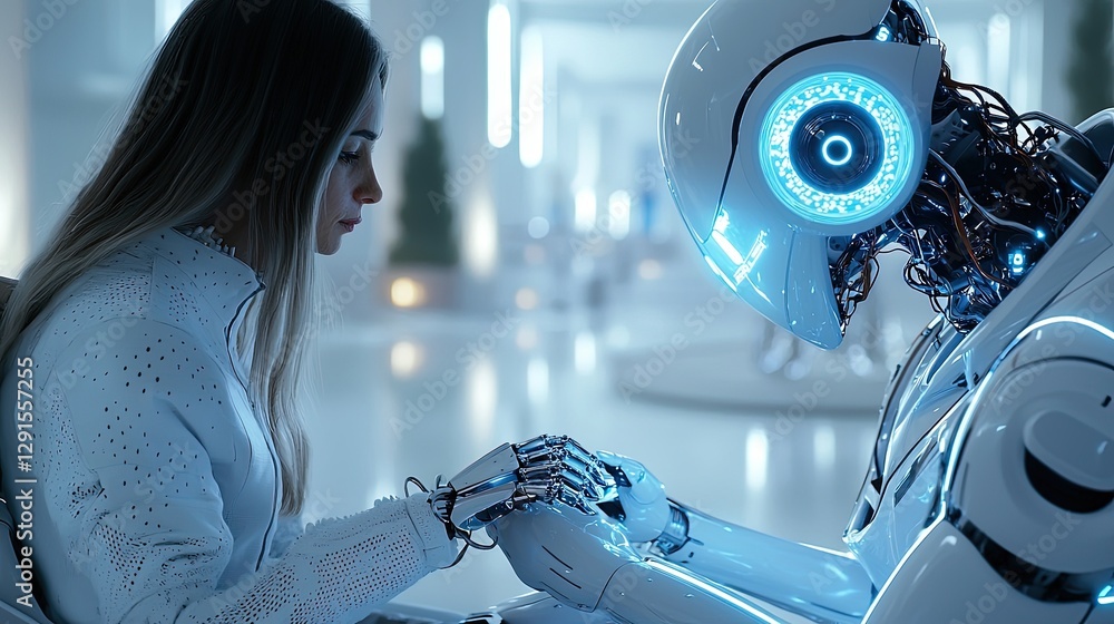 Poster human and robot connection in futuristic setting of technology and emotion