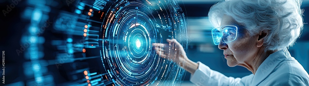 Poster senior scientist engaged in futuristic data interaction with holographic display technology