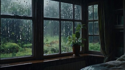 A Serene Bedroom View Through the Rain