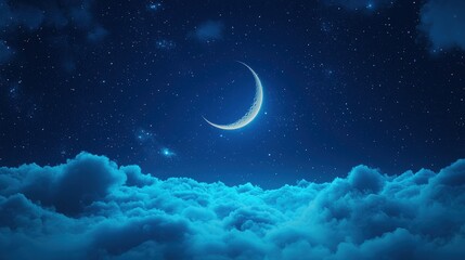 Crescent moon over a sea of clouds and stars, symbolizing hope and new beginnings. Ideal for astronomy, spirituality, dreamscapes, and relaxation themes.