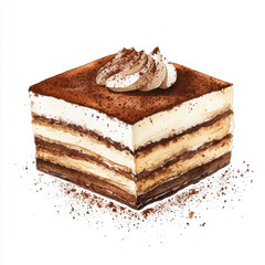 Delicious tiramisu slice with layers of coffee soaked cake and creamy mascarpone, topped with cocoa powder and whipped cream, perfect for dessert lovers