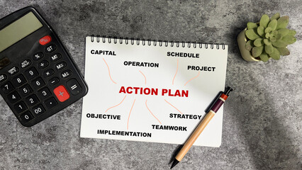 Concept of Action Plan write on book with keywords isolated on Wooden Table.