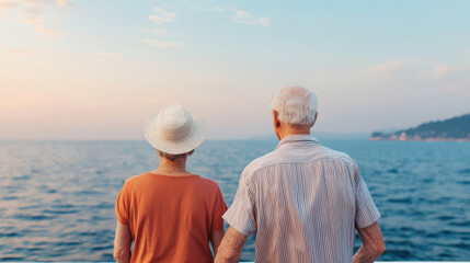 Fototapeta premium Enjoying sunset cruise, retired couple gazes at serene ocean view