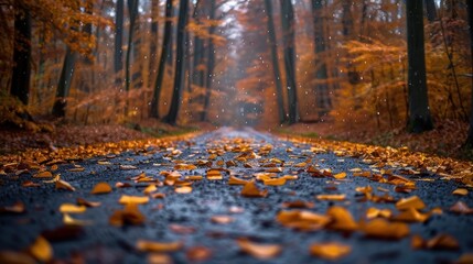 Serene autumn pathway lined with vibrant orange and yellow leaves under gentle rain in a forest