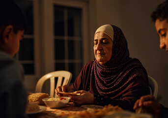 Grandmother preparing food for iftar dinner with her family during the holy month of ramadan