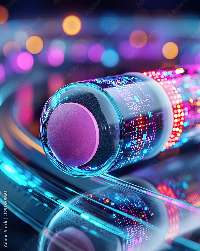 Aufkleber futuristic neon tube with digital patterns and colorful bokeh effects on reflective surface