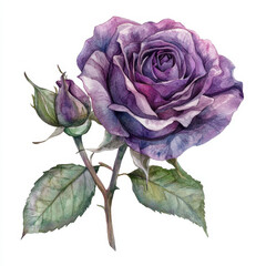 beautiful purple watercolor rose with delicate petals and green leaves, evoking sense of mystery and elegance. This floral artwork captures essence of nature beauty
