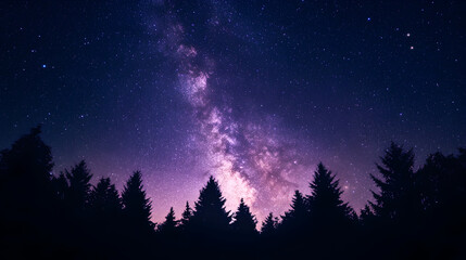 sky background with a silhouette of trees and a glowing Milky Way 