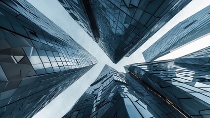 Fototapeta premium Tall blue glass buildings rise toward sky. Modern architecture shows geometric pattern. Sunlight reflects off tower windows.
