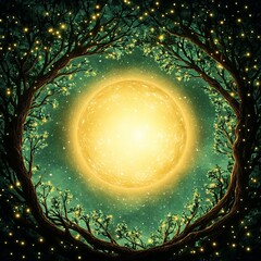 Mystical celestial moon aura. A mystical scene featuring a glowing golden sun encircled by leafy branches and twinkling stars, creating an enchanting atmosphere.