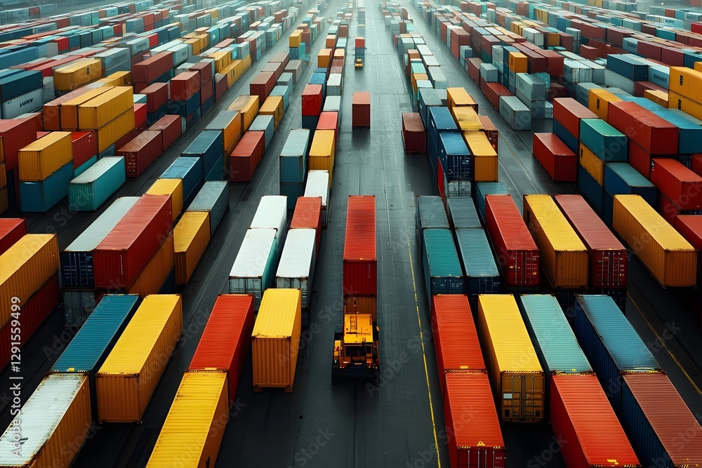Poster expansive railway terminal with rows of multicolored freight containers bustling activity of cranes 