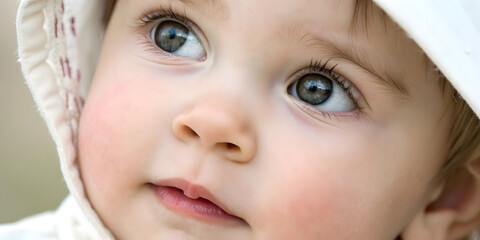 Charming infant portrait outdoor setting candid photography soft natural lighting close-up view innocence and curiosity