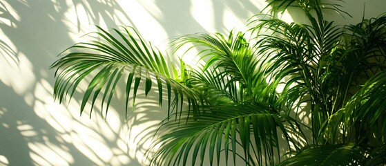 Green Palm Leaves and Shadows on a White Background