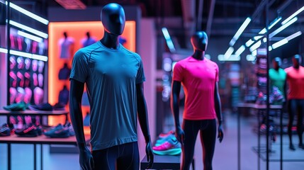 Mannequins in vibrant athletic shirts at a sports apparel store. Showcasing activewear fashion. Ideal for retail marketing and fitness campaigns.