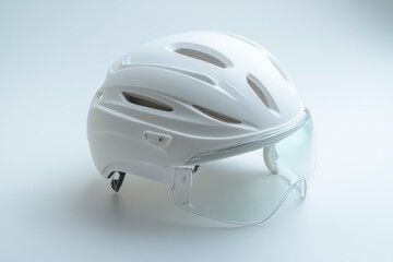 Fototapeta premium Modern Construction Safety Helmet with Integrated Goggles and Ear Protection on White Background. Innovative Safety Design Concept. Clean Close-Up Shot.