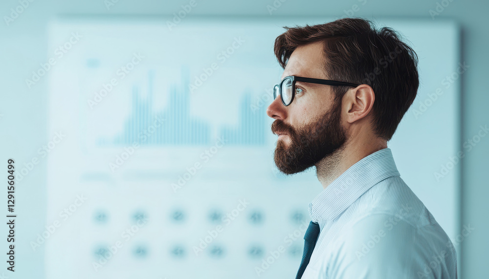 Poster professional man analyzing data with graphs in background