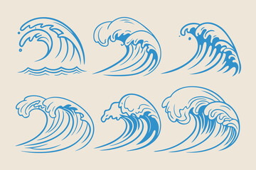 Vintage Hand-Drawn Sea Waves Collection, Stormy Ocean Tides, Beach Storms, and Nautical Wave Sketches in Vector Illustration