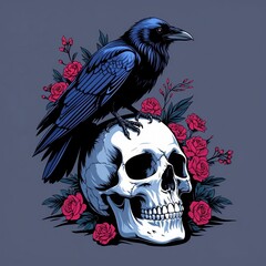 Fototapeta premium Blue raven sits atop white skull with red roses. Dark art with bird and human cranium surrounded by flowers.