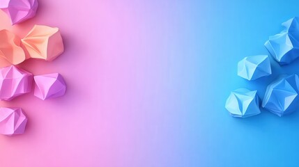 Abstract background with colorful origami paper shapes on pastel blue and pink gradient design
