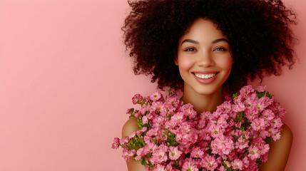 Naklejka premium Smiling woman with flowers on pink background
