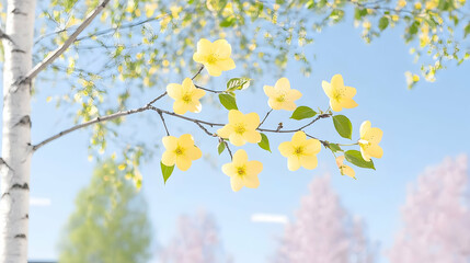 Spring blossoms on branch against blue sky
