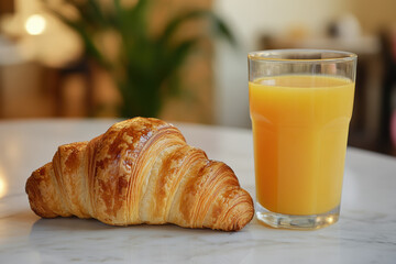 crispy croissant and orange juice in a modern kitchen