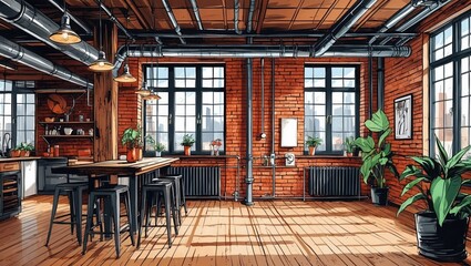Naklejka premium Loft kitchen interior. Brick walls with large windows, metal pipes run across ceiling. Black stools at wooden table, plants decorate room.
