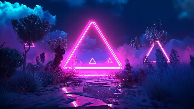 Vibrant synth wave landscape with neon triangles at night under a starry sky, Abstract synth wave landscape with neon triangle