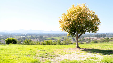 Fototapeta premium Solitary tree overlooks valley landscape