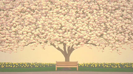 Spring blossoms, park bench, magnolia tree, serene garden