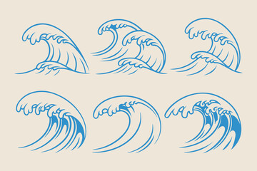 Vintage Hand-Drawn Sea Waves Collection, Stormy Ocean Tides, Beach Storms, and Nautical Wave Sketches in Vector Illustration