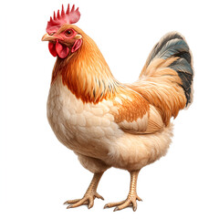 Fototapeta premium Realistic chicken standing on white background, showcasing vibrant feathers and details