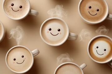 Cups of coffee with smiling faces create a cheerful atmosphere in a cozy cafe setting
