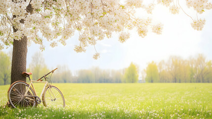 Obraz premium Spring Bicycle Beneath Blossoming Cherry Tree
