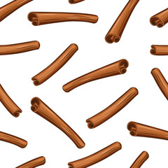 Cinnamon seamless pattern. Cinnamon sticks background. Organic food concept. Cinnamon pattern for fabric, packaging, coffee and bakery shops. Hand Drawn vector illustration