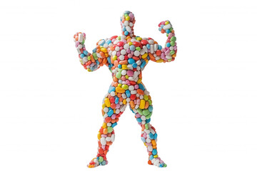 Colorful pills forming bodybuilder silhouette representing health and fitness.