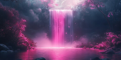 Mesmerizing waterfall in a vibrant forest with ethereal pink hues illuminating the serene landscape