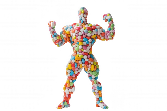 Colorful pills forming bodybuilder silhouette representing health and fitness.