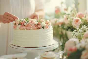 Naklejka premium Delicate floral cake decoration with pink roses in an elegant setting