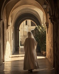 Naklejka premium Nun in a flowing white robe walks through an arched stone hallway, conveying serenity and historical faith. Ideal for religious themes and travel.