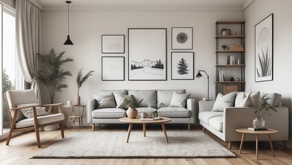 Living room interior design with light gray sofas, wood furniture, and framed art. Bright, minimalist space with plants, rug, and bookshelf for relaxing at home.
