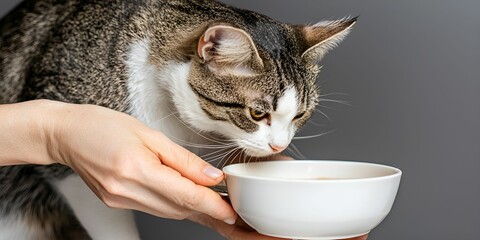 Pet adoption stories concept. Cat drinking from a bowl held by a person&rsquo;s hand.
