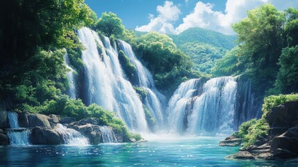 Naklejka premium Scenic waterfall with a small boat floating on the calm water surrounded by lush greenery and natural landscape