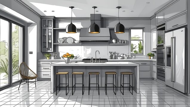 Modern gray kitchen design. Island counter with stools. Black pendant lamps hang above. Fridge and cabinets align wall. Sunny day outside window.
